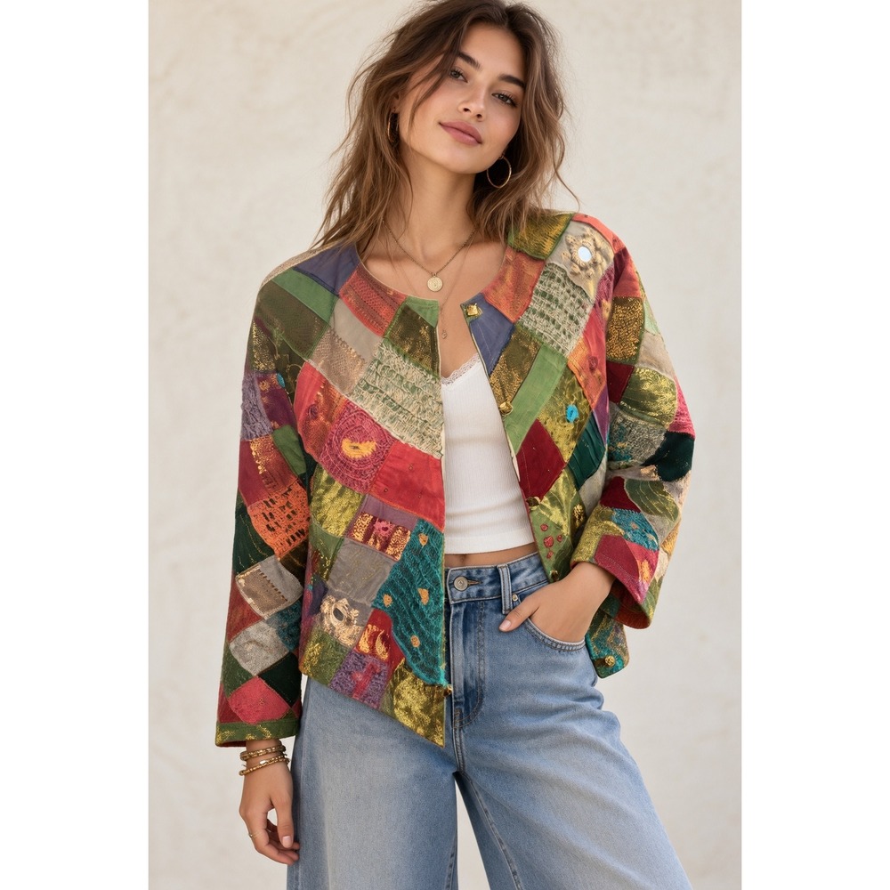 Vtg Sandy Starkman M Patchwork Jacket Multi Crochet Boho Mirror Art FLAW